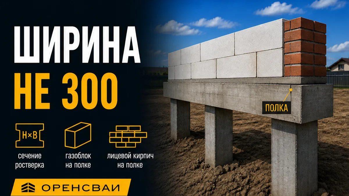 Ширина ростверка: полка балки ловит газоблок и облицовочный кирпич, не заливка 300 мм