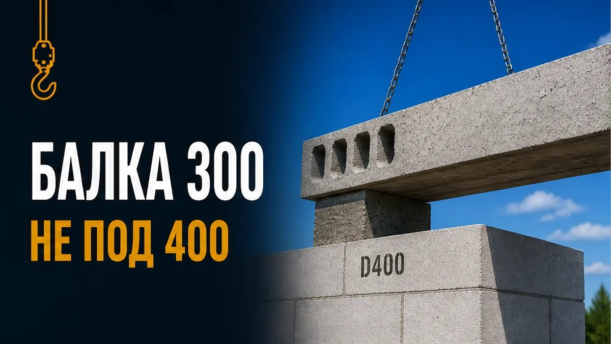 Узкая висячая балка 300 мм под газоблок 400 мм: первый ряд со свесом