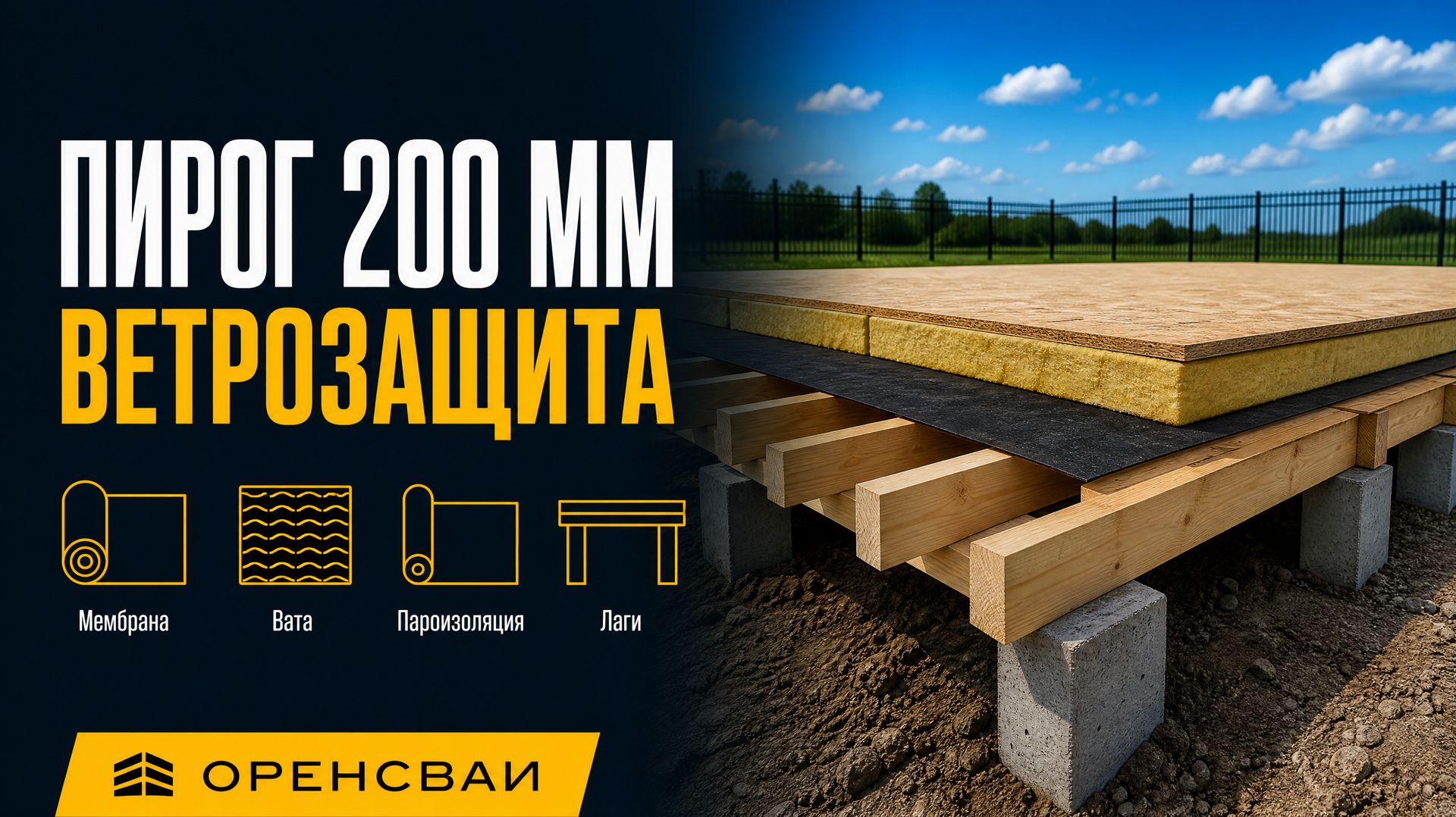 Пирог пола каркасника на сваях: ветрозащита снизу, 200–250 мм, пароизоляция сверху