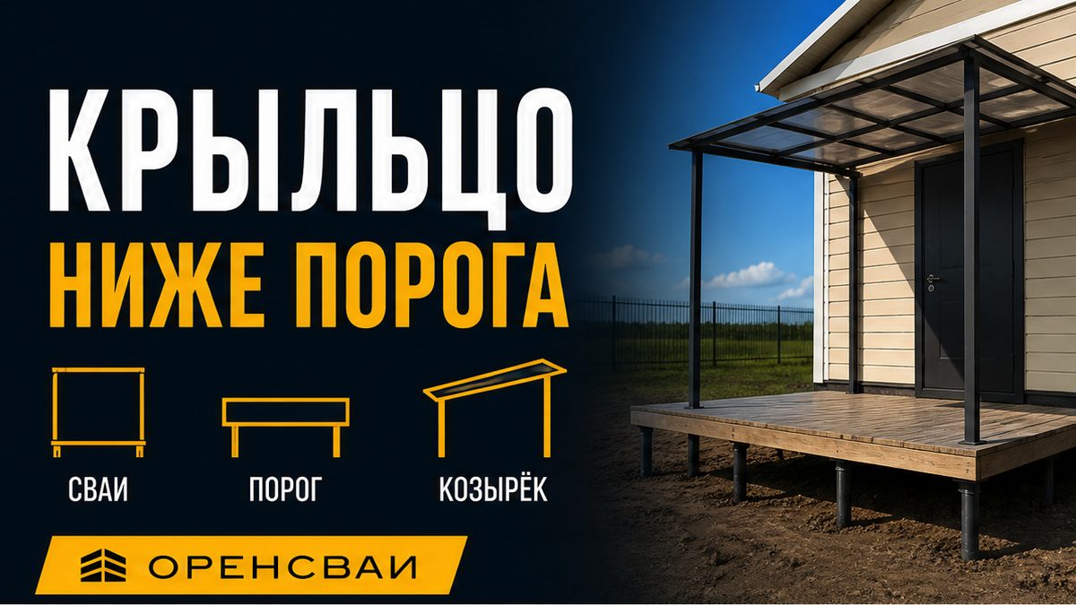 Входная группа дома на 2–4 винтовых сваях, площадка ниже порога, козырёк на своих точках