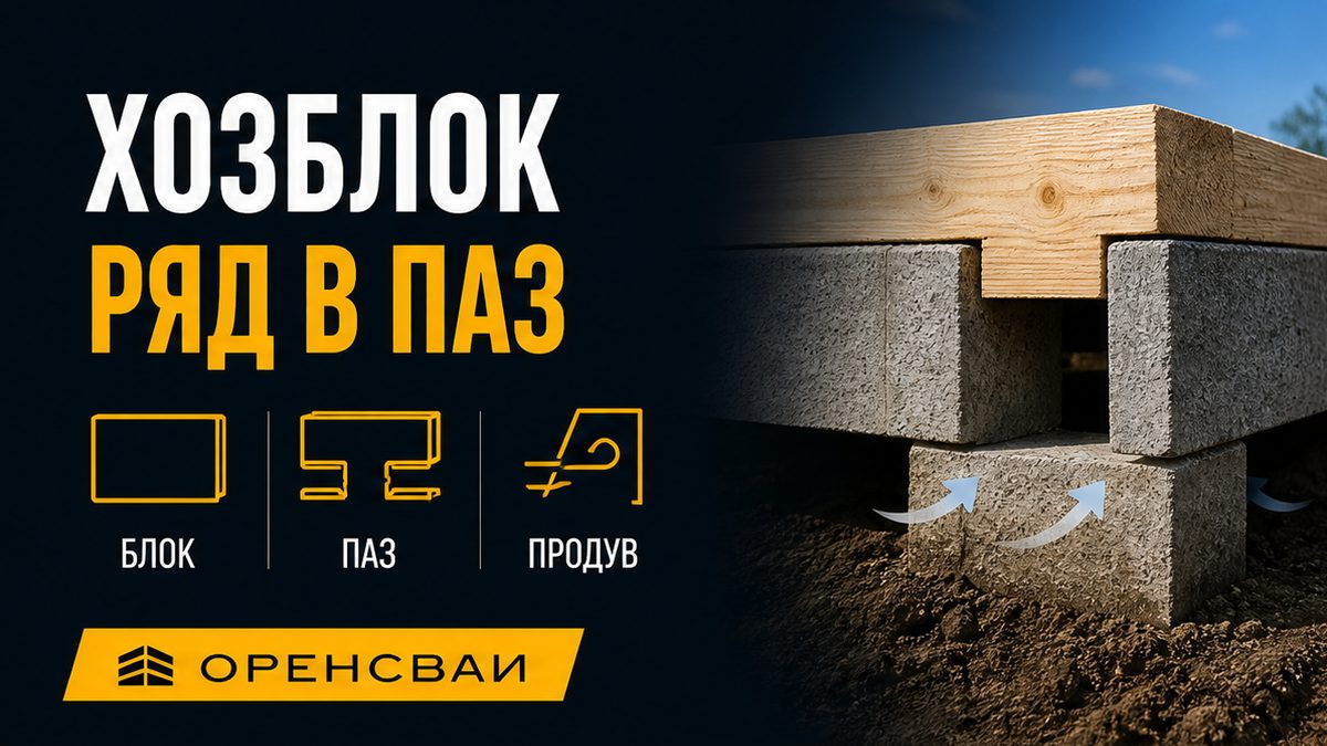 Ряд пазовых бетонных блоков под деревянным сараем, брус в пазу, продув под обвязкой