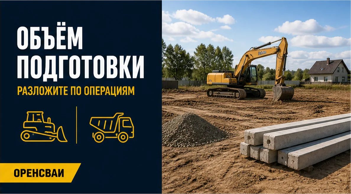 Экскаватор готовит площадку под дом, рядом видны естественный грунт и стройматериалы, без демонстрации гарантированной экономии