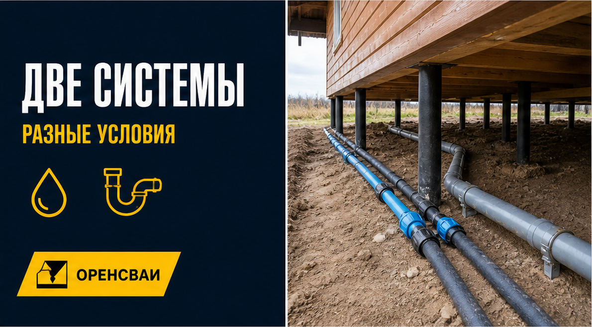 Водопроводная и канализационная линии под домом на сваях