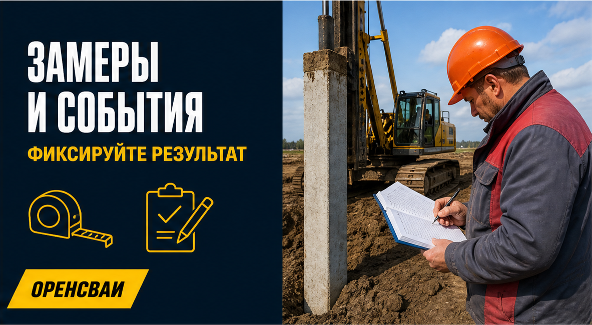 Рабочий записывает фактические данные забивки в журнал на стройплощадке, рядом видны копёр и свая