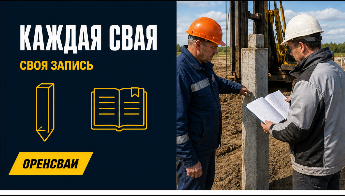 Копровщик и инженер сверяют номер установленной сваи с полевой ведомостью; без читаемых цифр и текста