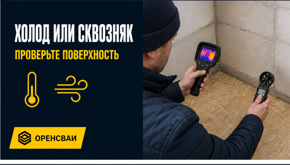 Тепловизором и анемометром проверяют холодную поверхность и продувание