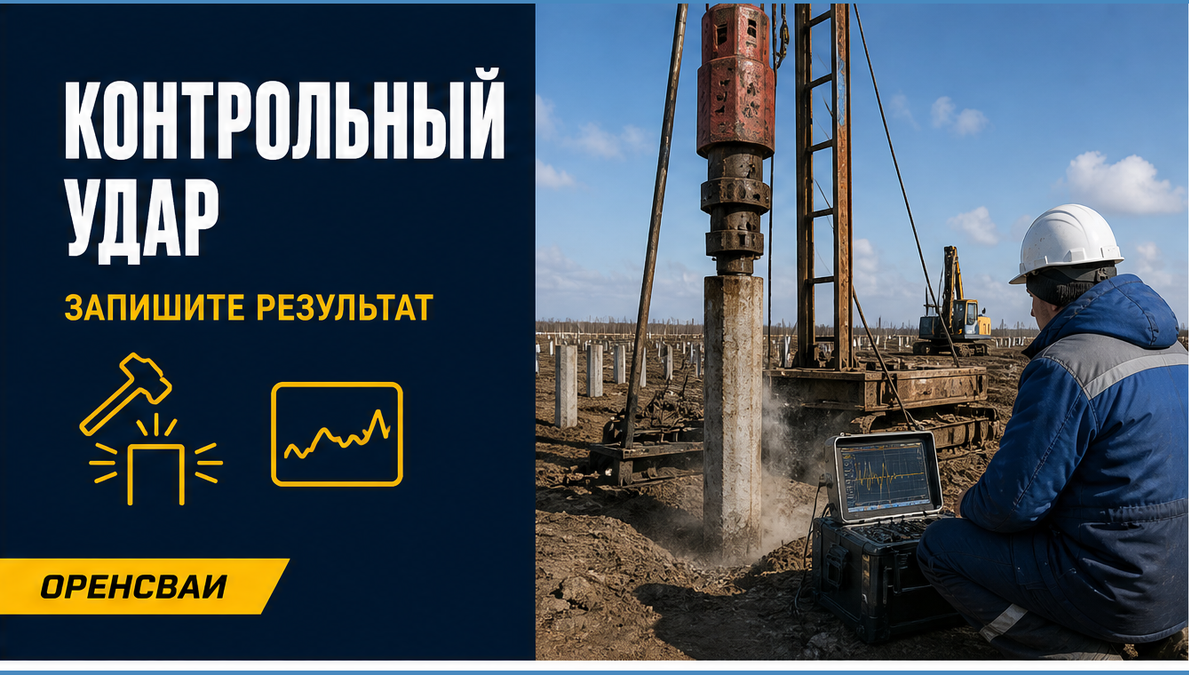 Копёр выполняет контрольную добивку испытательной сваи, специалист фиксирует работу прибора на площадке