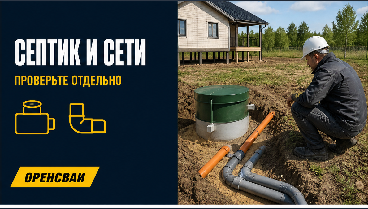 Специалист осматривает место септика и инженерных коммуникаций рядом с загородным домом, без числовых расстояний