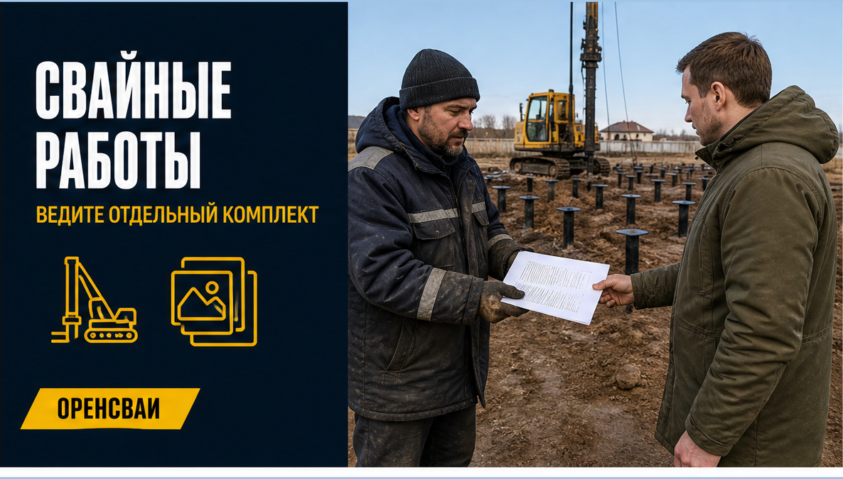 Прораб передаёт заказчику акты и фотографии выполненных свайных работ на строительном участке