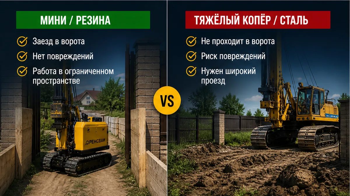 Сравнение мини-копра на резиновых гусеницах и тяжёлого тракторного сваебоя
