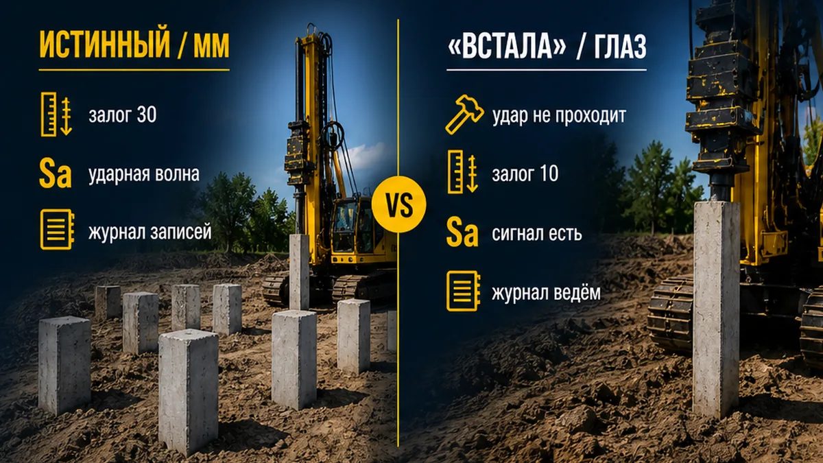 Таблица: истинный отказ в миллиметрах против бытовой остановки сваи
