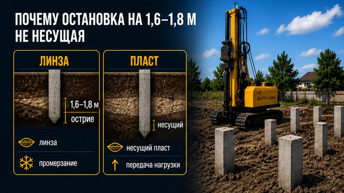 Остриё на линзе внутри зоны промерзания против низа сваи в плотном пласте