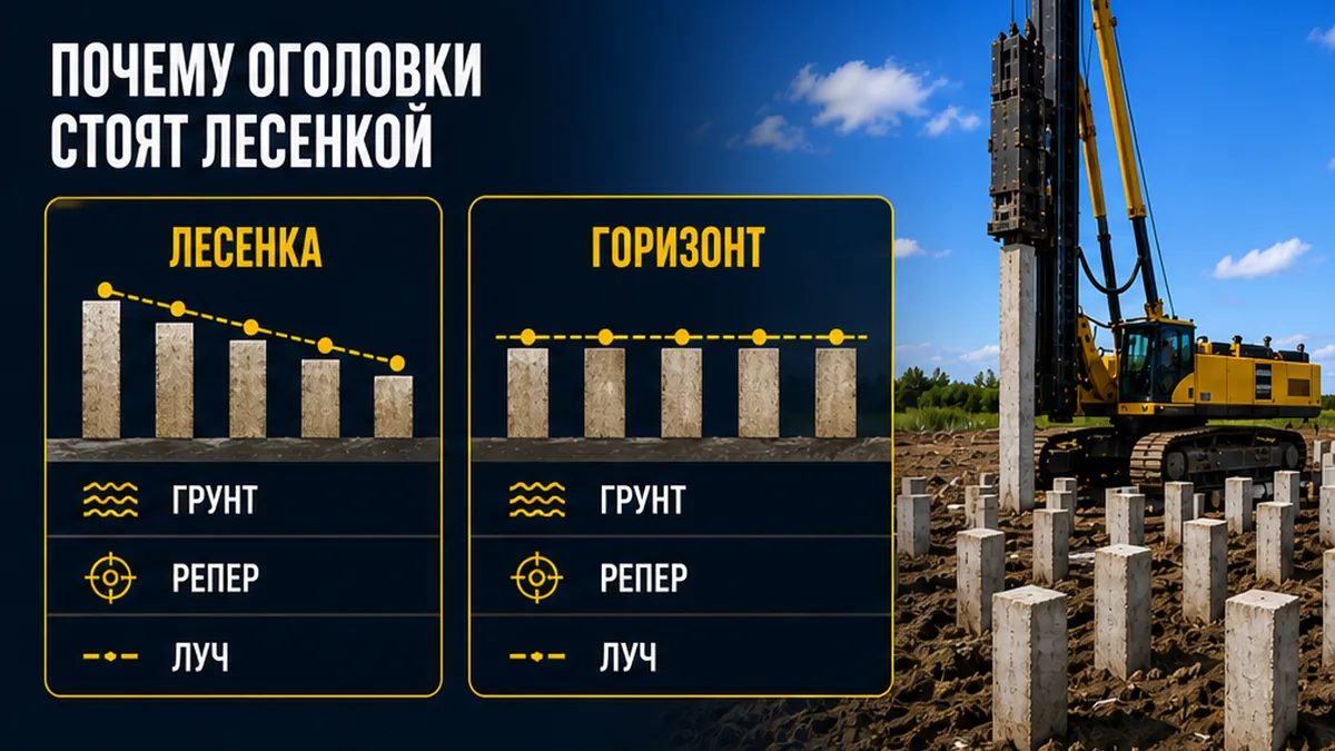Поле ЖБ свай лесенкой: кривая поверхность грунта против горизонтальной лазерной плоскости