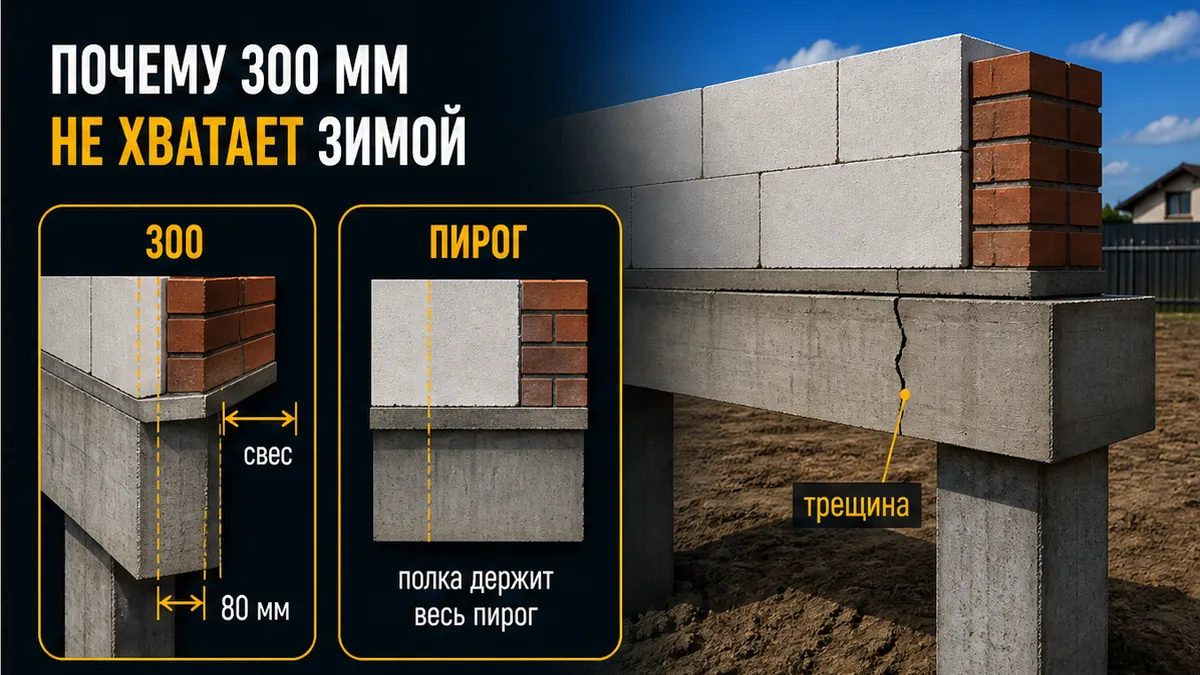 Почему ростверк 300 мм не ловит газоблок с облицовкой кирпичом