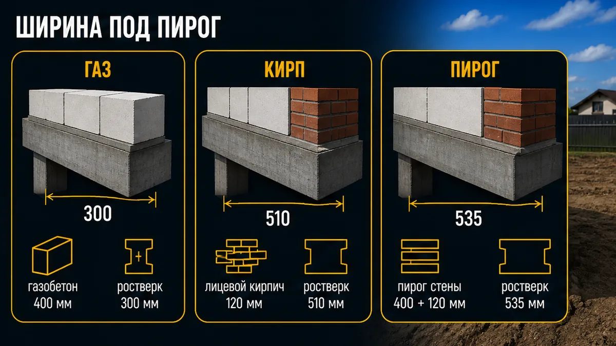 Сравнение ширины ростверка под газобетон, кирпич и облицовку