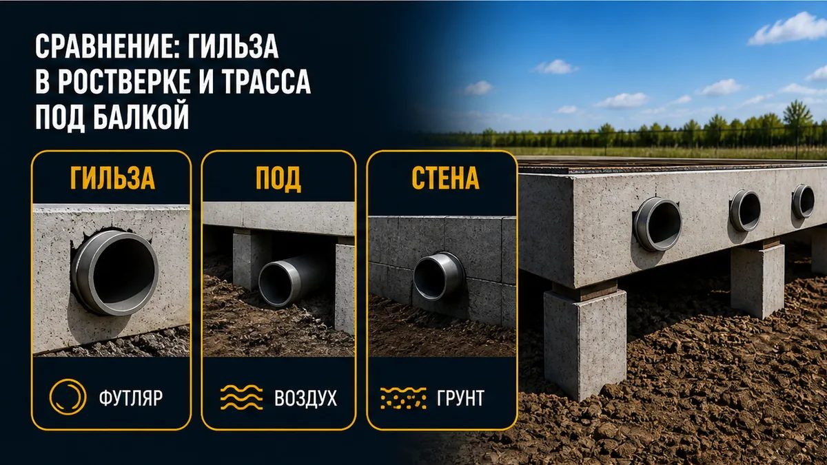Сравнение гильзы сквозь ростверк и прохода коммуникаций под висячей балкой