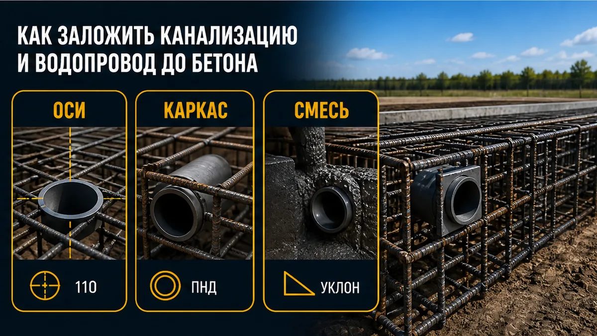 Как заложить гильзы 110 и ПНД в каркас ростверка до заливки