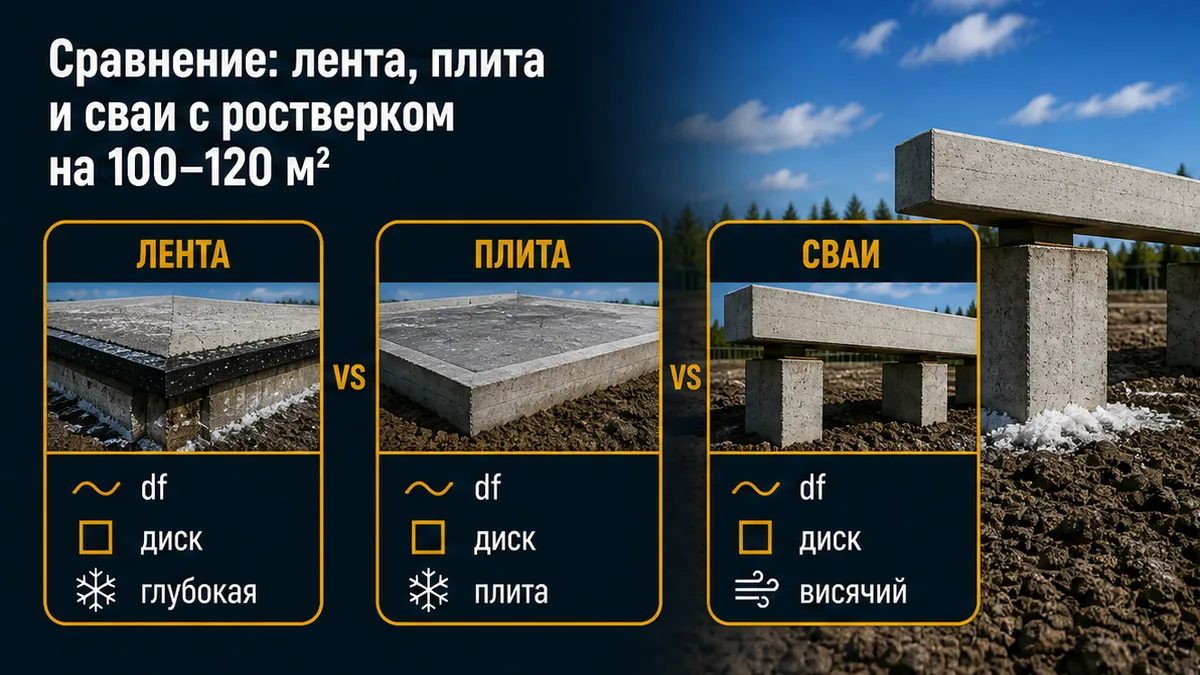 Сравнение ленты, плиты и свай с висячим ростверком для одноэтажного газобетона
