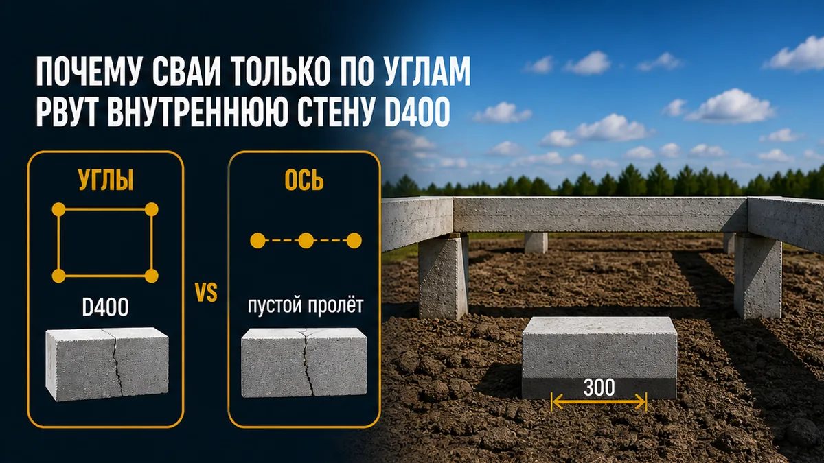 Внутренняя несущая D400 без свай на пересечении: трещина у узла стен