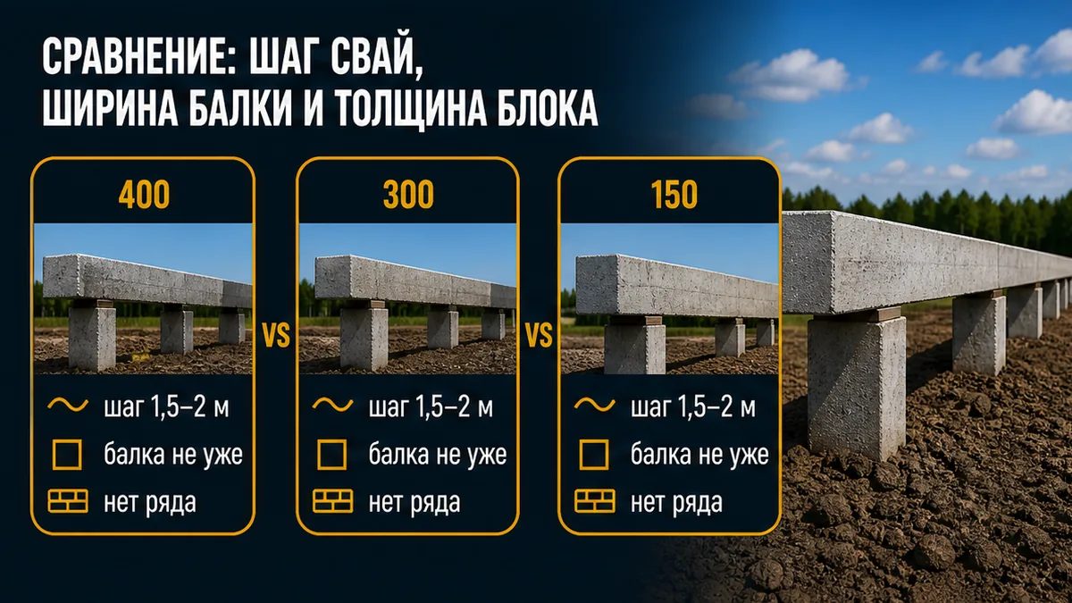 Таблица: наружная 400 мм, внутренняя несущая 300 мм и перегородка без ряда свай