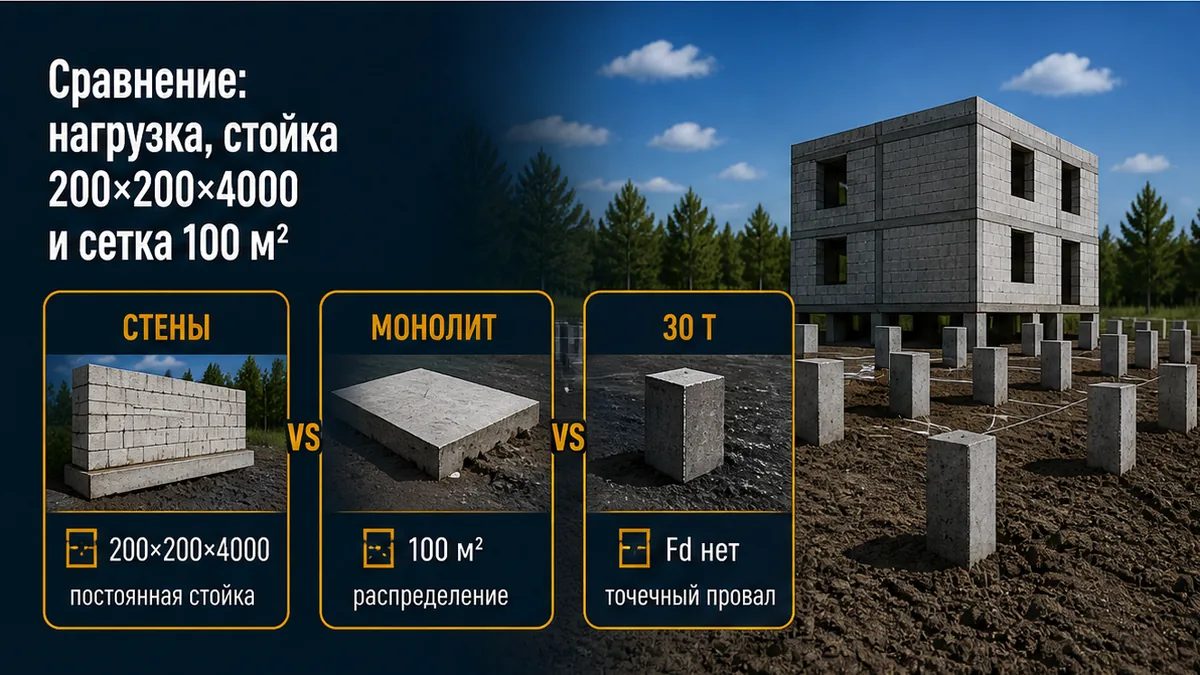 Таблица: стены D, монолит и полезная против витрины 30 т и сетки 100 м² одноэтажника
