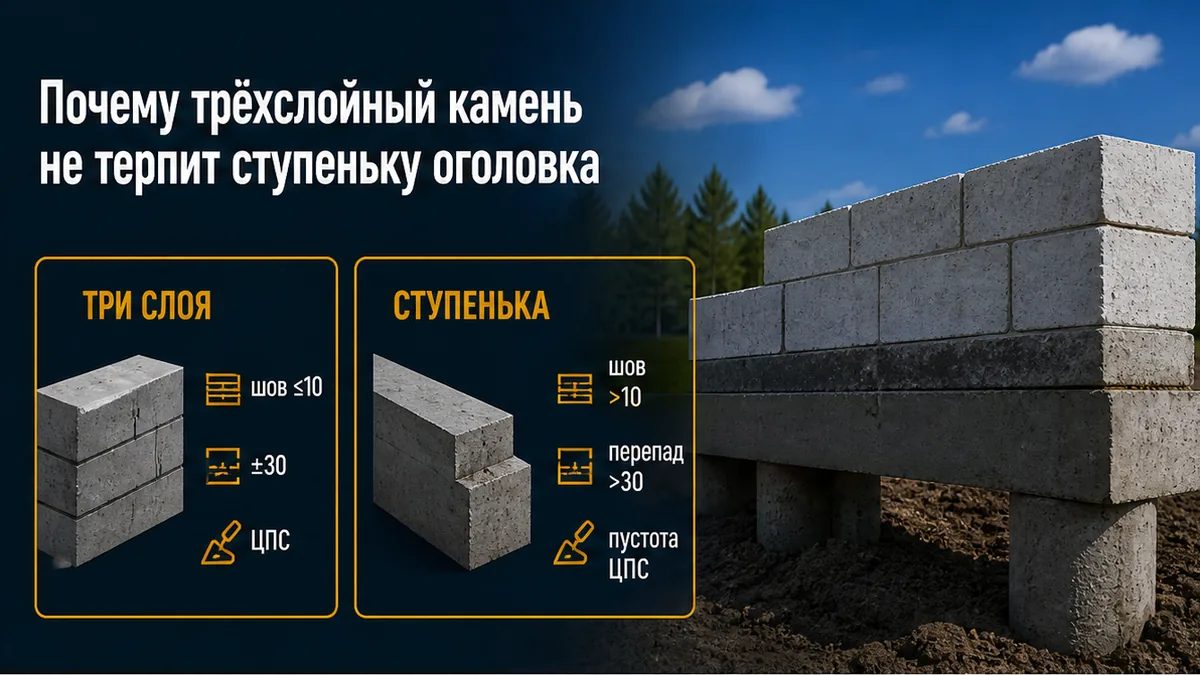 Трёхслойный полиблок: шов до 10 мм не закрывает ступеньку оголовка ±30 мм