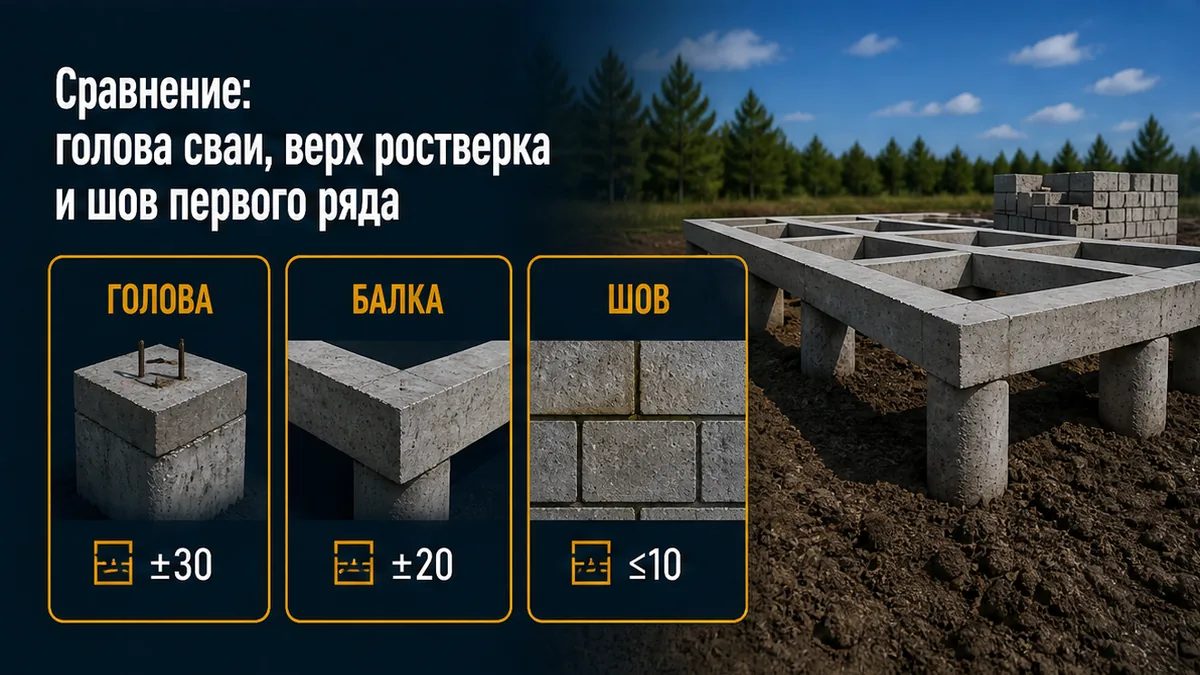 Сравнение допусков: голова сваи ±30 мм, верх ростверка ±20 мм, шов первого ряда ≤10 мм