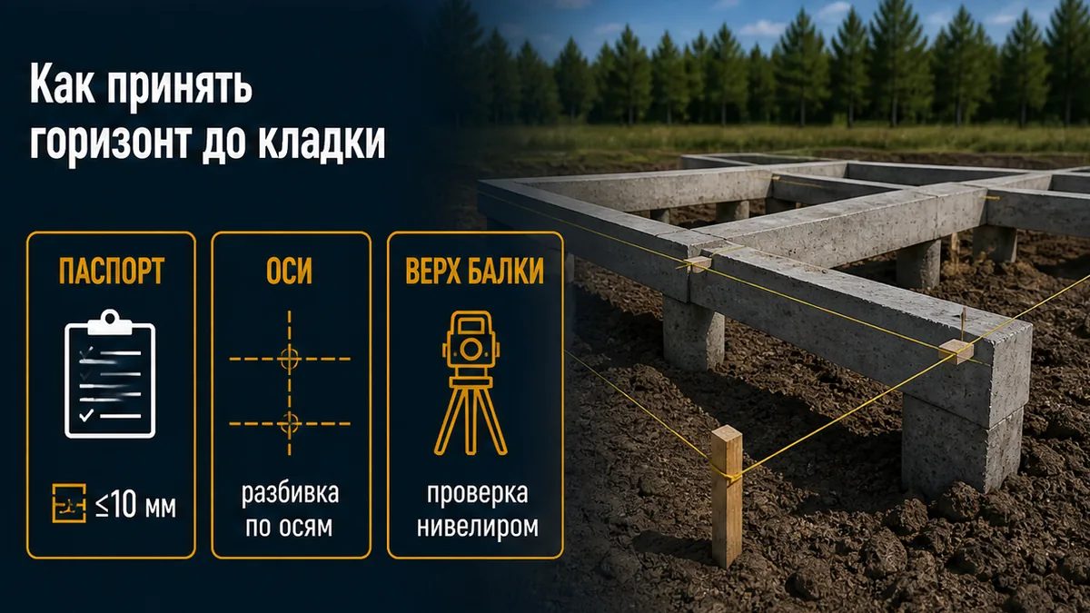 Приёмка горизонта: паспорт блока, оси, нивелир по верху балки, сухая раскладка углов