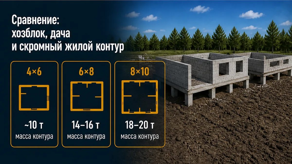 Таблица контуров: хозблок 4×6, дача 6×8 и жилой 8×10 на висячей ЖБ-раме