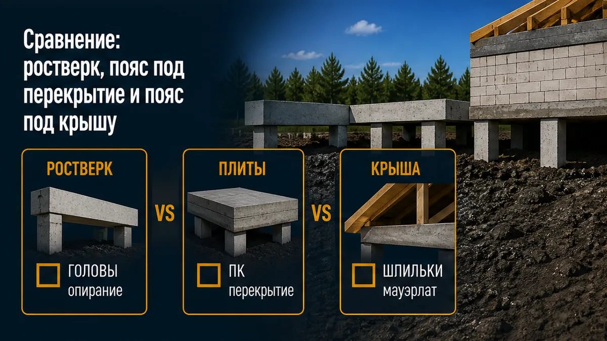 Три контура: балка по сваям, пояс под плиты, пояс под мауэрлат