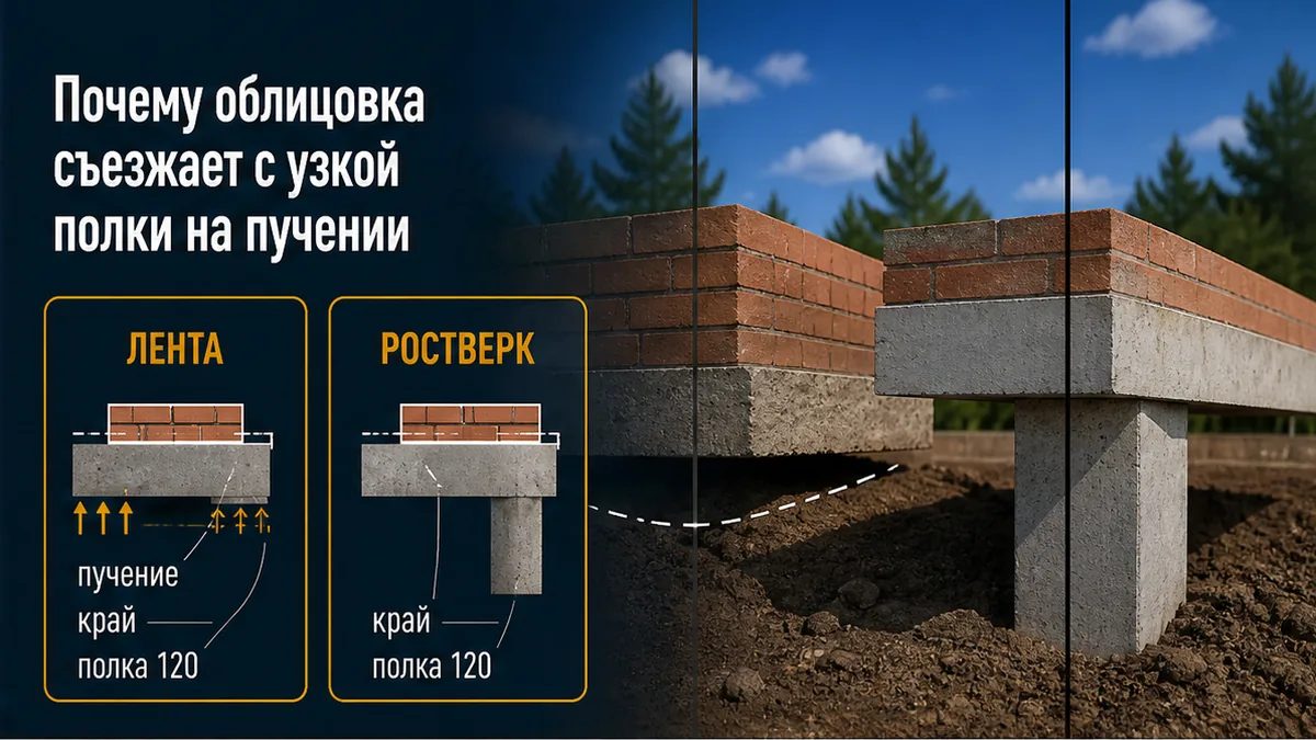 Мелкая лента в зоне промерзания поднимает край, висячий ростверк держит консоль