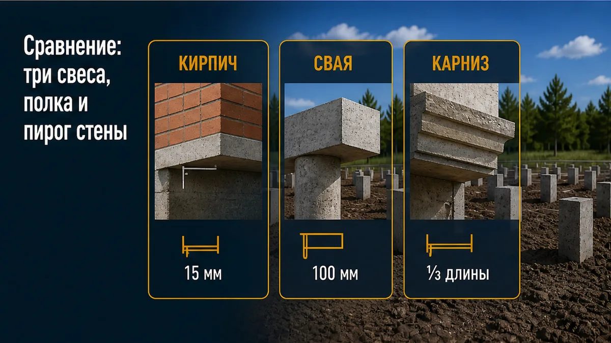 Сравнение: свес кирпича, свес ростверка от сваи, карниз ⅓ длины