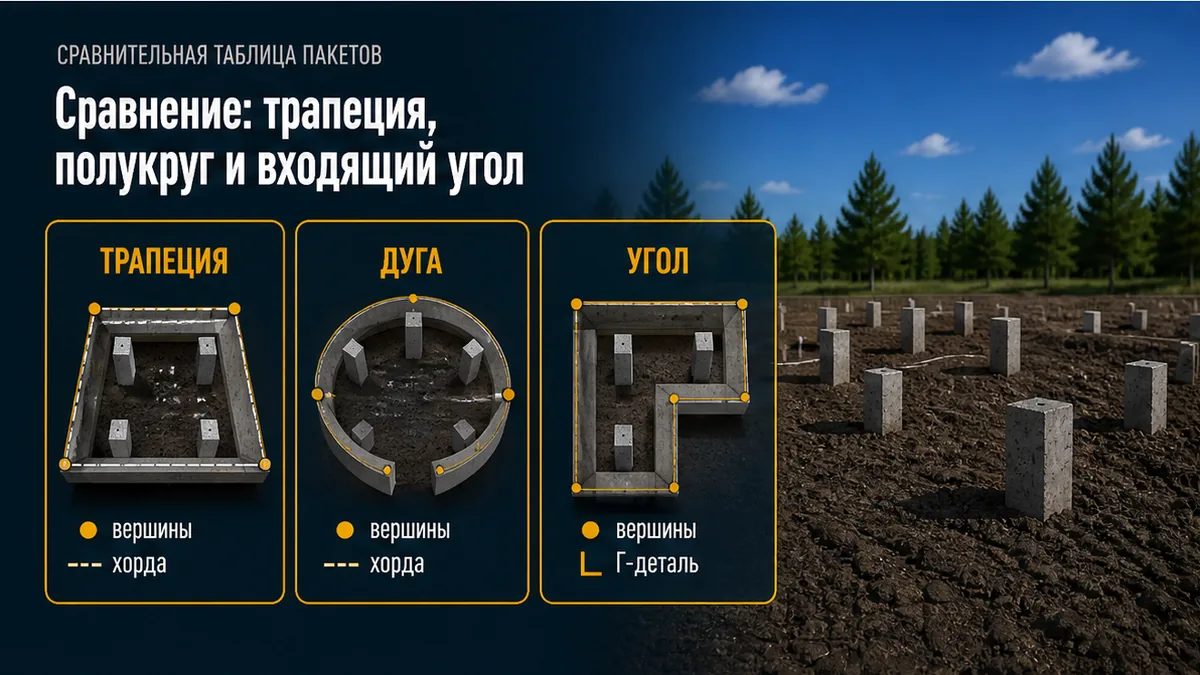 Сравнение раскладки: трапеция, полукруг по хорде, входящий угол с Г-деталями