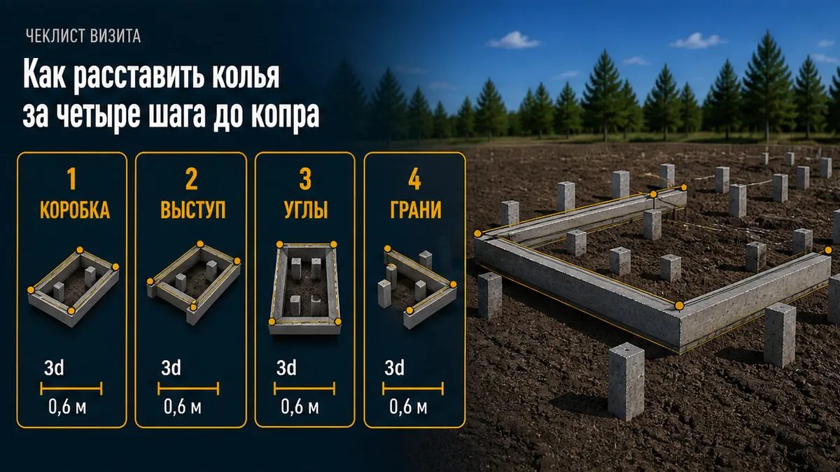 Четыре шага: прямоугольник дома, выступ, входящие углы, промежуточные по граням