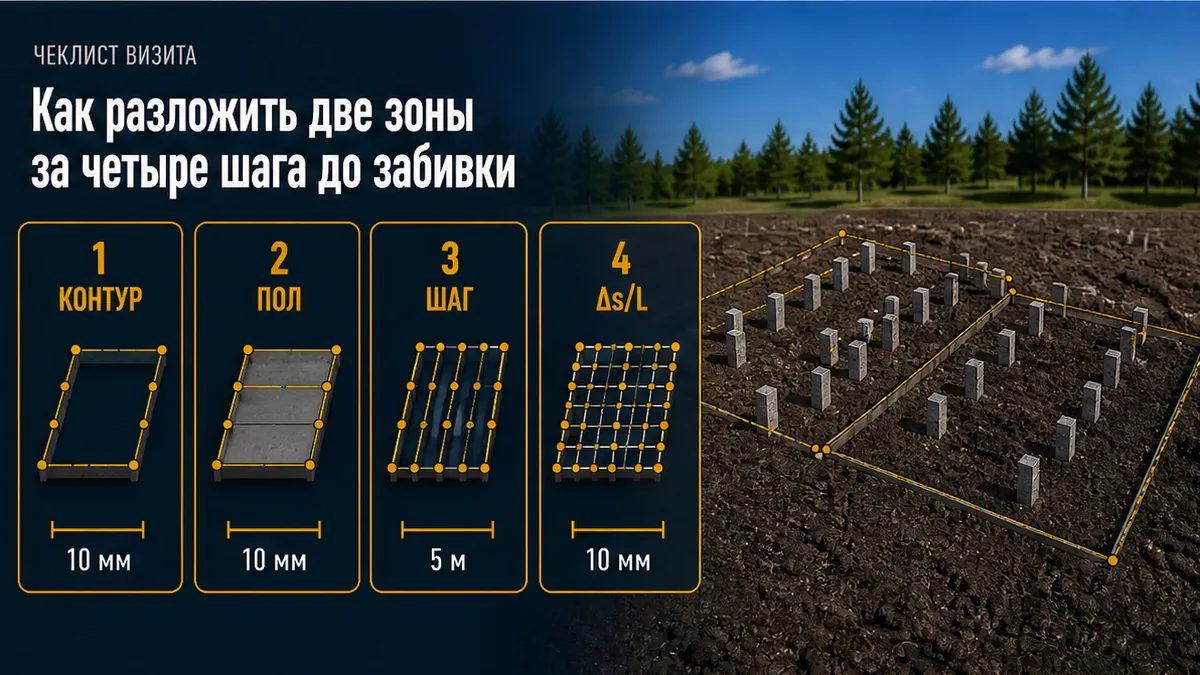 Четыре шага: два контура веса, опора пола, шаг или шов, прикидка Δs/L линейкой