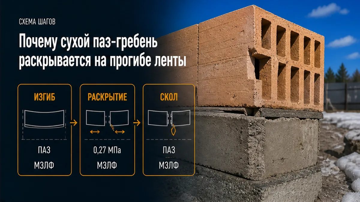 Мелкая лента в зоне промерзания изгибается: вертикальные пазы Porotherm раскрываются, гребни скалываются