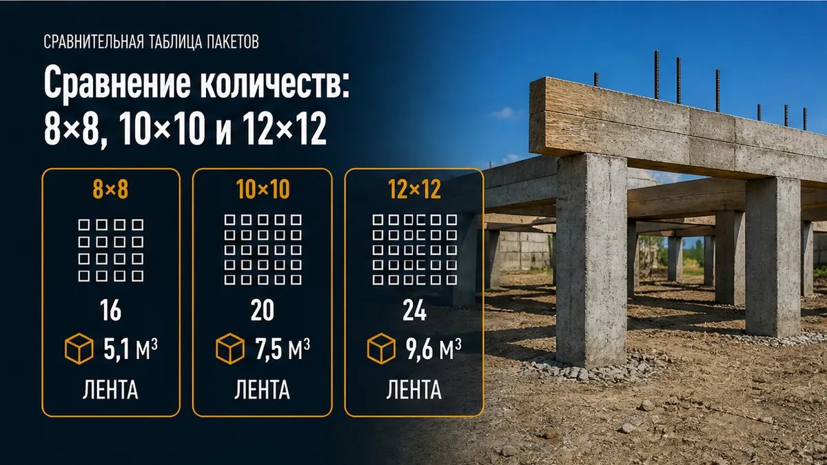 Ведомость количеств: сваи по контуру 16 / 20 / 24, длина ленты и кубы балки 0,4×0,4 без рублей