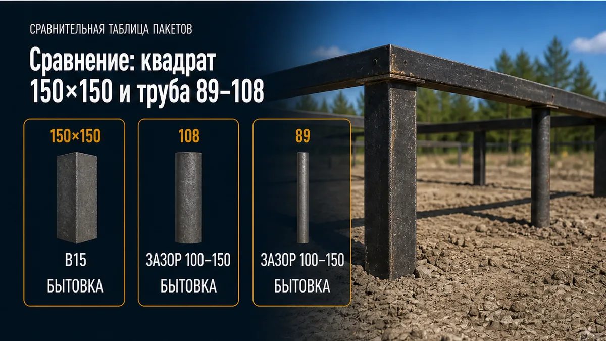 Сравнение: заводской квадрат 150×150 под жильё и трубы 89–108 только где копёр не заезжает