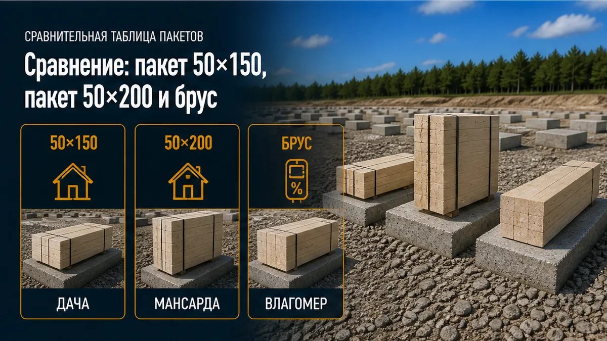 Сравнение обвязки каркасника: три 50×150, три 50×200 на ребро и цельный брус