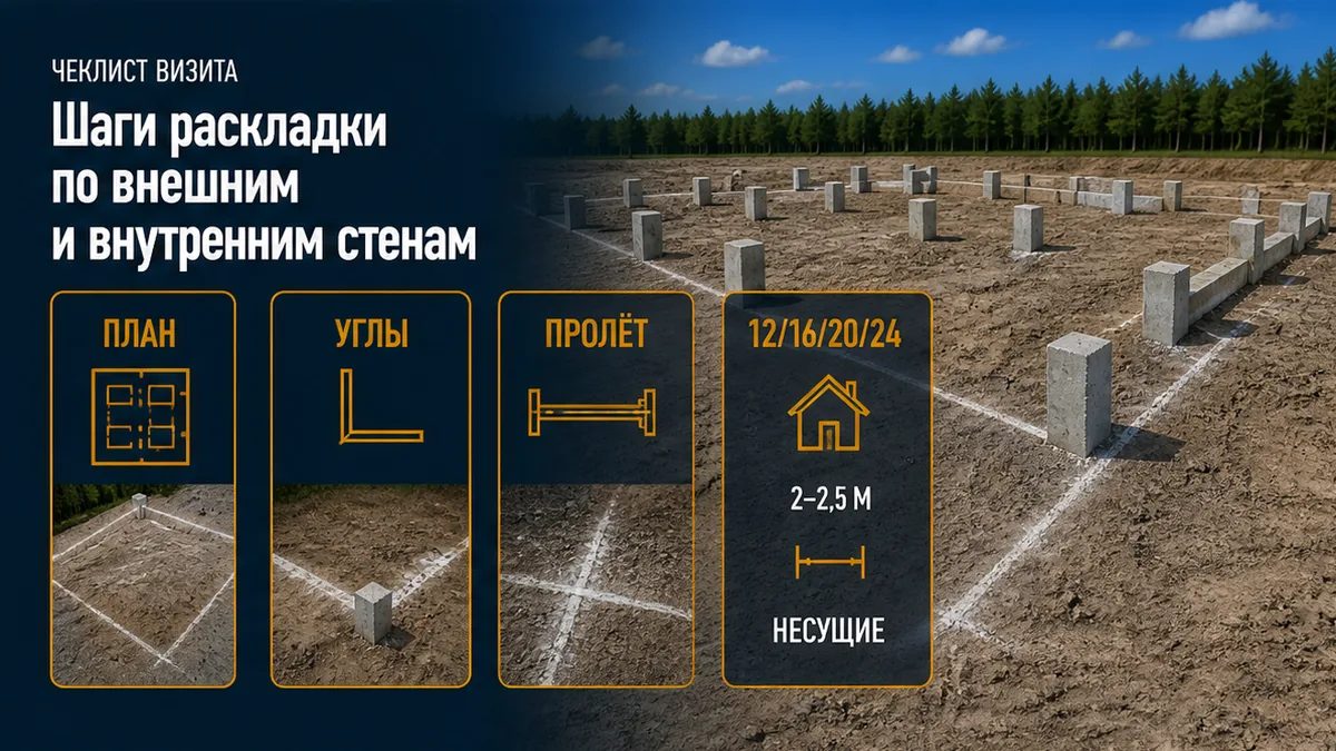 Шаги раскладки: несущие линии, углы, пролёт 2–2,5 м, сверка 12/16/20/24