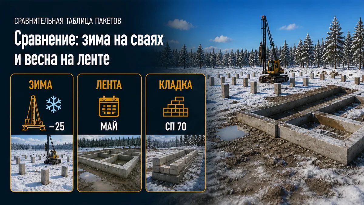 Сравнение календаря: заводская свая зимой, лента с прогревом, кладка по СП 70