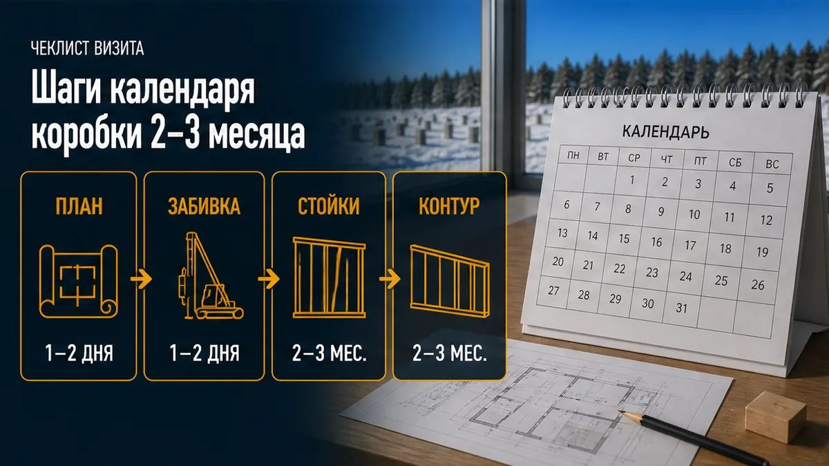 Четыре шага: раскладка поля, забивка 1–2 дня, сухой каркас, кровля за 2–3 месяца