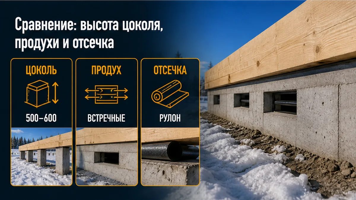 Сравнение: высота цоколя 500–600 мм, забирка с продухами, двухслойная отсечка венца