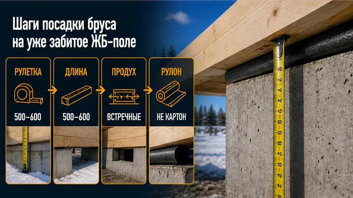 Шаги: рулетка до венца, длина сваи, продухи, отсечка, отказ от картона
