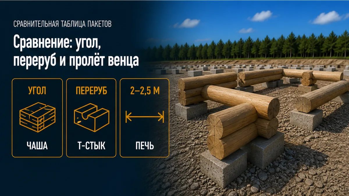 Узлы сруба: внешний угол, внутренний угол, Т-переруб, шаг венца 2–2,5 м, печь отдельно