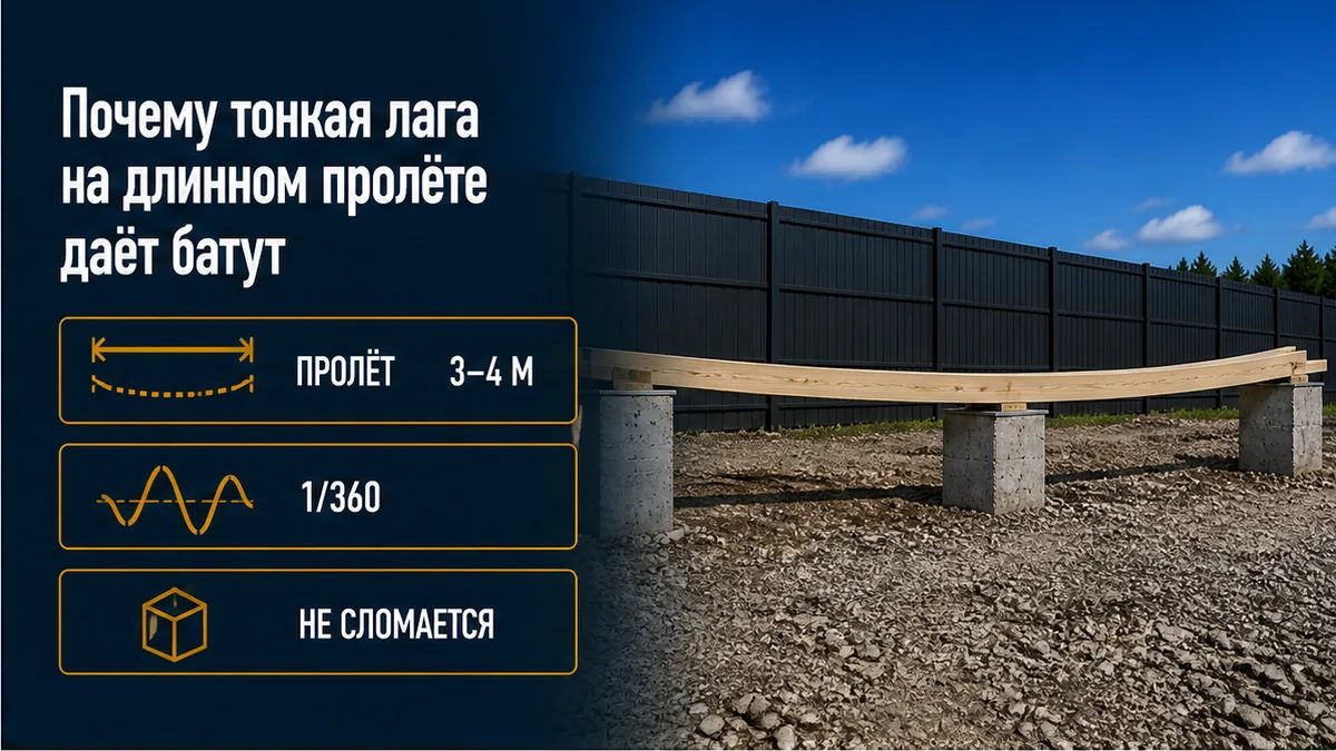 Тонкая лага 50×150 на пролёте 3–4 м гуляет как пружина, хотя сваи стоят