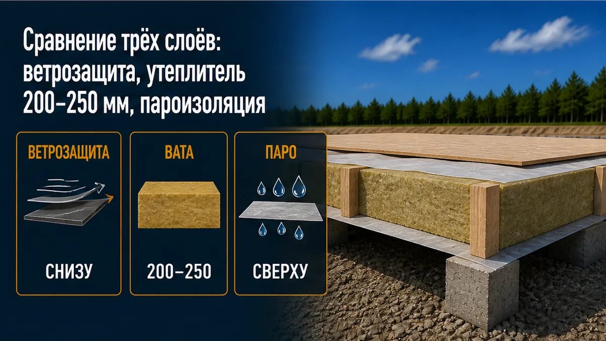 Сравнение: ветрозащита снизу, утеплитель 200–250 мм в лагах, пароизоляция сверху