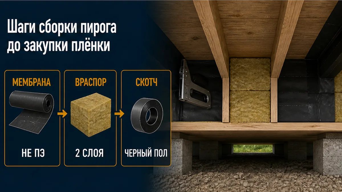 Шаги сборки: мембрана снизу, вата враспор двумя слоями, пароизоляция со скотчем