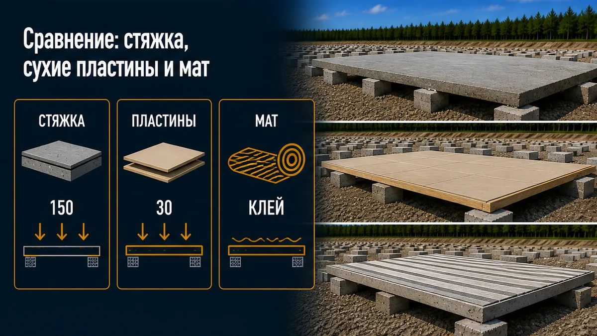 Сравнение трёх схем: мокрая стяжка, сухие пластины с ГВЛ и электрический мат на негорючем слое