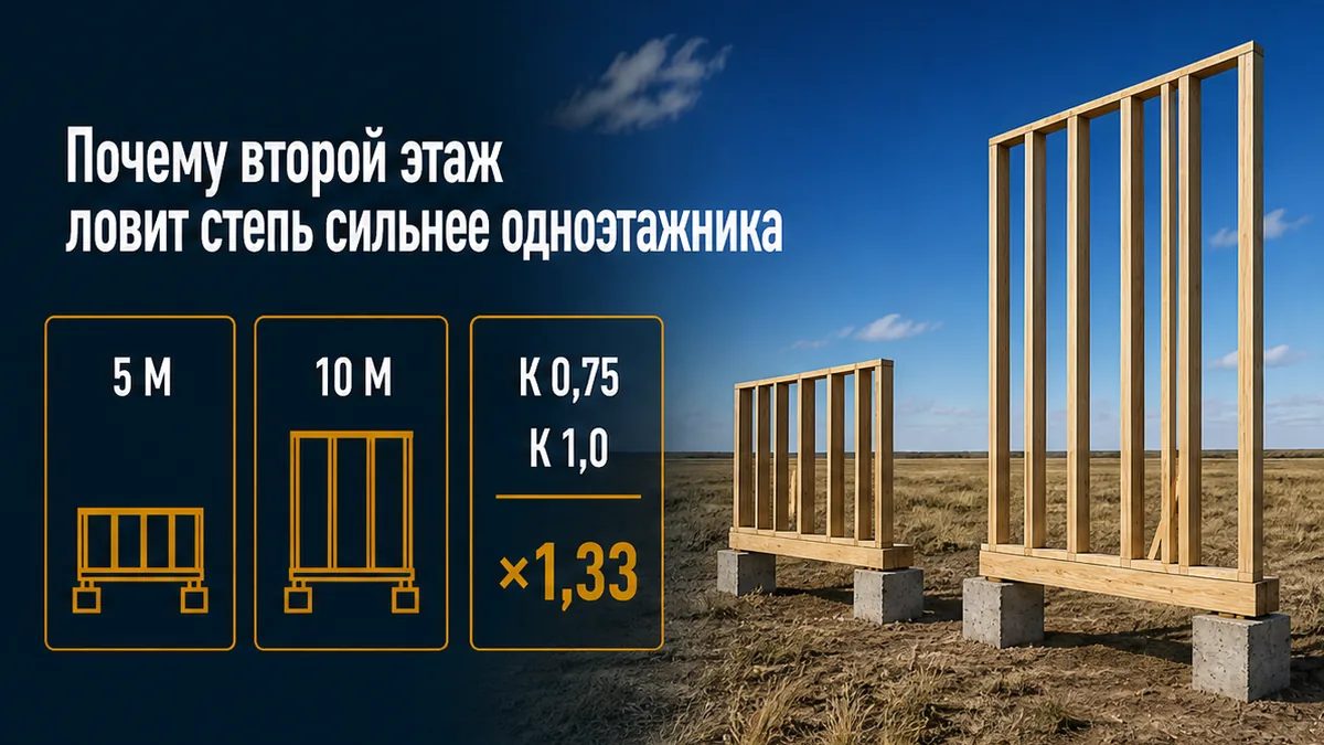 Второй этаж поднимает стену в зону k 1,0 на 10 м, одноэтажник чаще остаётся при k 0,75